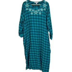 Dreams & Co Plaid Flannel Snowflake Nightgown Teal 1X Long Sleeve Sleepshirt